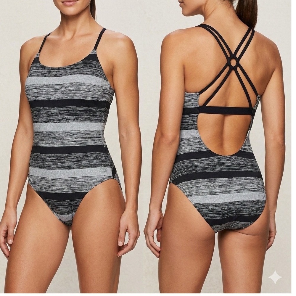 RBX Womens One Piece Swimsuit Large Black Grey Striped Strappy Cross Back Swim